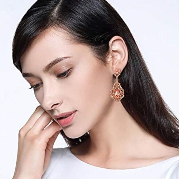 Rose Gold with Champagne Topaz Austrian Crystal Art Deco Chandelier Earrings - Picture 3 of 4